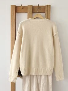 SHEIN LUNE Women's Street Fashion Beaded Round Neck Long Sleeve Sweater, Versatile - Apricot - View 2