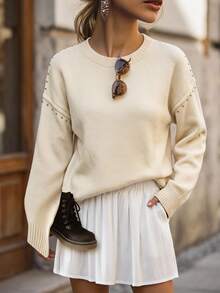 SHEIN LUNE Women's Street Fashion Beaded Round Neck Long Sleeve Sweater, Versatile - Apricot - View 1