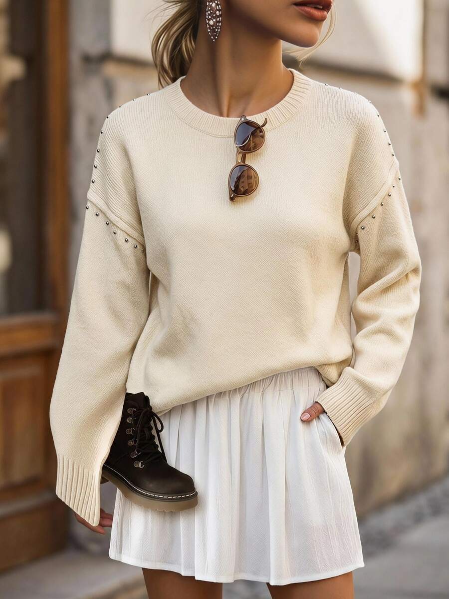 SHEIN LUNE Women's Street Fashion Beaded Round Neck Long Sleeve Sweater, Versatile - Apricot - View 1