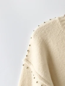 SHEIN LUNE Women's Street Fashion Beaded Round Neck Long Sleeve Sweater, Versatile - Apricot - View 3