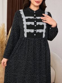 Lacomfia Casual Polka Dot Print Contrast Patchwork Stand Collar Long Sleeve Loose Regular Fit Plus Size Dress For Spring And Autumn - Black and White - View 4