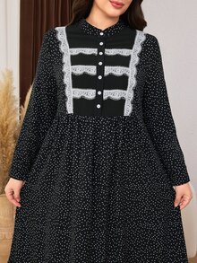 Lacomfia Casual Polka Dot Print Contrast Patchwork Stand Collar Long Sleeve Loose Regular Fit Plus Size Dress For Spring And Autumn - Black and White - View 3