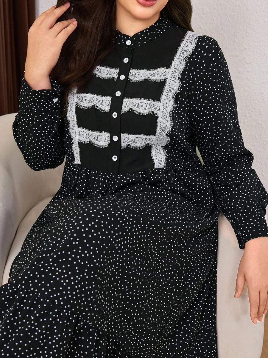 Lacomfia Casual Polka Dot Print Contrast Patchwork Stand Collar Long Sleeve Loose Regular Fit Plus Size Dress For Spring And Autumn - Black and White - View 1