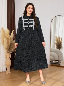 Lacomfia Casual Polka Dot Print Contrast Patchwork Stand Collar Long Sleeve Loose Regular Fit Plus Size Dress For Spring And Autumn - Black and White - View 7
