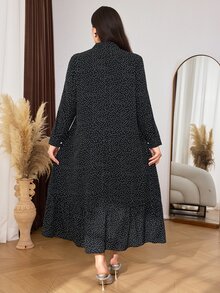 Lacomfia Casual Polka Dot Print Contrast Patchwork Stand Collar Long Sleeve Loose Regular Fit Plus Size Dress For Spring And Autumn - Black and White - View 2