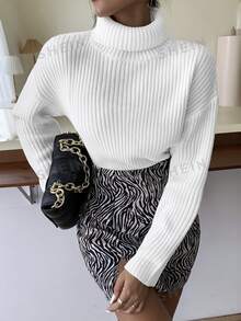Pariaura Jersey de cuello alto con hombros caídos, Tops de manga larga de punto, Suéter de otoño e invierno - Blanco - Ver 4