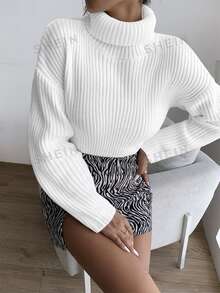 Pariaura Jersey de cuello alto con hombros caídos, Tops de manga larga de punto, Suéter de otoño e invierno - Blanco - Ver 3