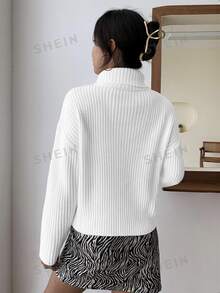 Pariaura Jersey de cuello alto con hombros caídos, Tops de manga larga de punto, Suéter de otoño e invierno - Blanco - Ver 2