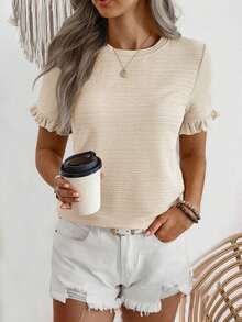 EMERY ROSE Solid Color Ruffled Short Sleeve T-Shirt - Apricot - View 6