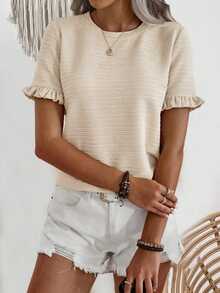 EMERY ROSE Solid Color Ruffled Short Sleeve T-Shirt - Apricot - View 5
