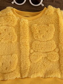 SHEIN Vintaside Kids 3件組嬰兒男童女童絨毛熊圖案提花抓絨衛衣長褲耳帽套裝 淡黃色 秋季可愛日系休閒風 - 黃色 - 查看 8