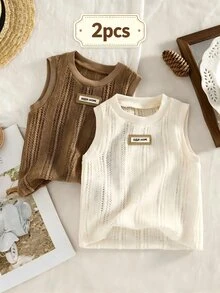 SHEIN Vintaside Kids 2 件套男宝宝夏季时尚别致网眼镂空设计无袖背心套装 - 彩色 - 查看 2