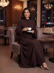 Auveirra فستان نسائي مقاس كبير بلون موحد وأكمام طويلة أنيق مع تصميم أزرار ضفدعية مناسب للعشاء والحفلات الرسمية وحفلات الزفاف ضيف بني خريف - بني - مشاهدة 9