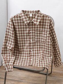 SHEIN 兒童青少年男孩休閒柔軟卡其色格紋法蘭絨長袖領口襯衫，基礎上衣，適合秋季、冬季、聖誕節、萬聖節、學校、家庭聚會、度假、派對，秋季穿搭，冬季穿搭 - 彩色 - 查看 4