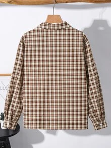 SHEIN 兒童青少年男孩休閒柔軟卡其色格紋法蘭絨長袖領口襯衫，基礎上衣，適合秋季、冬季、聖誕節、萬聖節、學校、家庭聚會、度假、派對，秋季穿搭，冬季穿搭 - 彩色 - 查看 5