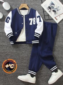 SHEIN 男孩抓絨撞色棒球外套和運動褲兩件套，字母數字印花羈扣外套，秋冬休閒運動套裝 - 藏蓝色 - 查看 3