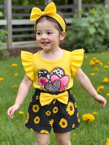 SHEIN Playful Pals 2pcs Baby Girl Spring/Summer New Cute Heart & Sunflower Print Flutter Sleeve Top And Bow Shorts Set - Yellow - View 3