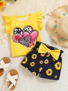 SHEIN Playful Pals 2pcs Baby Girl Spring/Summer New Cute Heart & Sunflower Print Flutter Sleeve Top And Bow Shorts Set - Yellow - View 5