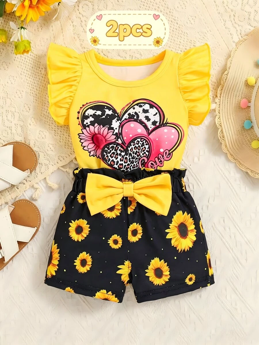 SHEIN Playful Pals 2pcs Baby Girl Spring/Summer New Cute Heart & Sunflower Print Flutter Sleeve Top And Bow Shorts Set