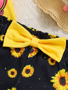 SHEIN Playful Pals 2pcs Baby Girl Spring/Summer New Cute Heart & Sunflower Print Flutter Sleeve Top And Bow Shorts Set - Yellow - View 7