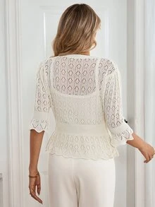 Penseblé Cardigan Rajut Lengan Sedang Gaya Prancis Musim Semi/Panas untuk Wanita, Model Vintage, Berenda, Mengencangkan Pinggang, Melangsingkan, Ukuran Petite, Atasan Jaket Pendek Berumbai - Aprikot - View 2