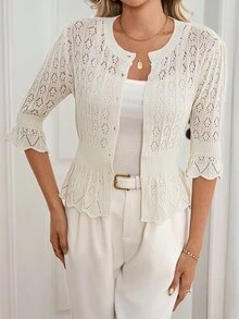 Penseblé Cardigan Rajut Lengan Sedang Gaya Prancis Musim Semi/Panas untuk Wanita, Model Vintage, Berenda, Mengencangkan Pinggang, Melangsingkan, Ukuran Petite, Atasan Jaket Pendek Berumbai - Aprikot - View 4