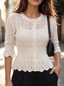 Penseblé Cardigan Rajut Lengan Sedang Gaya Prancis Musim Semi/Panas untuk Wanita, Model Vintage, Berenda, Mengencangkan Pinggang, Melangsingkan, Ukuran Petite, Atasan Jaket Pendek Berumbai - Aprikot - View 1