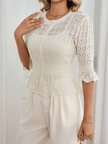 Penseblé Cardigan Rajut Lengan Sedang Gaya Prancis Musim Semi/Panas untuk Wanita, Model Vintage, Berenda, Mengencangkan Pinggang, Melangsingkan, Ukuran Petite, Atasan Jaket Pendek Berumbai - Aprikot - View 5