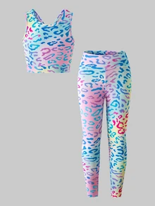 Mädchen Yoga Sport Leggings Set, Babyblau Leopardenmuster Digital, Crop Top mit gekreuztem Rücken, Slim Fit, 2 Teile, Athletik Sommer Gymnastik - Verschiedenfarbig - Übersicht 11