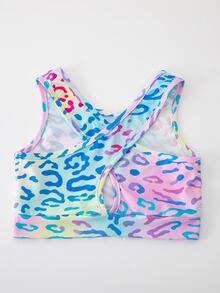 Mädchen Yoga Sport Leggings Set, Babyblau Leopardenmuster Digital, Crop Top mit gekreuztem Rücken, Slim Fit, 2 Teile, Athletik Sommer Gymnastik - Verschiedenfarbig - Übersicht 3