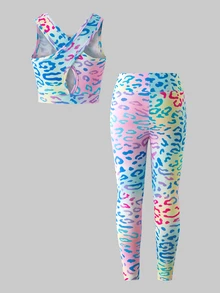 Mädchen Yoga Sport Leggings Set, Babyblau Leopardenmuster Digital, Crop Top mit gekreuztem Rücken, Slim Fit, 2 Teile, Athletik Sommer Gymnastik - Verschiedenfarbig - Übersicht 2
