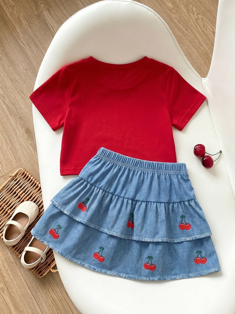 Genkimix Kids Girls Cherry Summer Set, Red Cherry‑Print Short Sleeve + Denim Print Blue Double‑Layer Ruffle Skirt, Cute Red‑Blue Outfit For Spring Summer Daily Play - Red - View 2