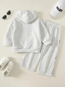 SHEIN 2件組兒童小男孩秋冬休閒灰色連帽衛衣與灰色寬腿長褲套裝，男孩套裝，衛衣套裝 - 彩色 - 查看 2