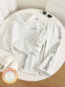 SHEIN 2件組兒童小男孩秋冬休閒灰色連帽衛衣與灰色寬腿長褲套裝，男孩套裝，衛衣套裝 - 彩色 - 查看 3
