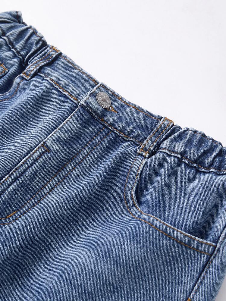 Girls' Denim Straight Leg Pants, Medium Blue Washed, Elastic Waist With Button Design, Straight Wide Leg Fit, Thermal Lined For Autumn/Winter Wear, Can Be Paired With Sweaters, Hoodies Or Jackets, Suitable For Daily Commute, Campus Or Casual Outings, Style Leaning Towards Minimalist Casual And Neutral - Medium Wash - View 6