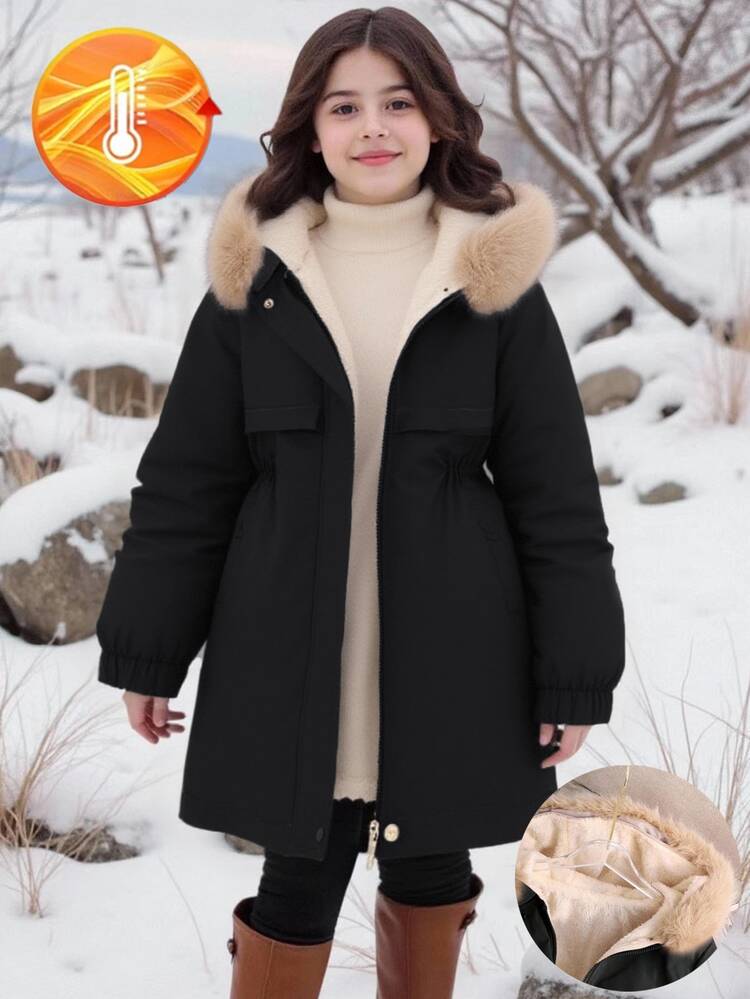 SHEIN Girl's Thick Fleece Elegant Fur Collar Long Outdoor Jacket, Coat, Long Sleeve,Black,Winter Modest Stylish Fashionable For Party - Black - View 3