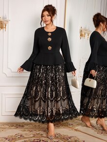 Modelyn فستان أنيق بلون موحد من الصوف المحبوك مع دانتيل متباين، بياقة دائرية وأكمام طويلة، ضيق عند الخصر وقصة A-Line، مقاس عادي، مناسب للربيع/الخريف، مقاسات كبيرة - الأسود - مشاهدة 5
