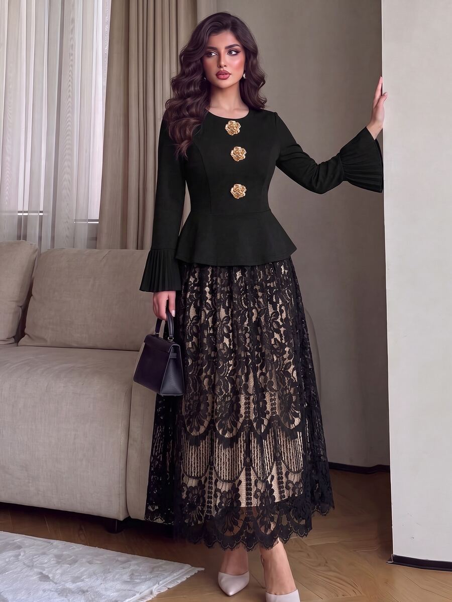 Modelyn فستان أنيق بلون موحد من الصوف المحبوك مع دانتيل متباين، بياقة دائرية وأكمام طويلة، ضيق عند الخصر وقصة A-Line، مقاس عادي، مناسب للربيع/الخريف، مقاسات كبيرة - الأسود - مشاهدة 1