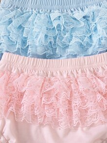Souflis Souflis 2 Packs Baby Girls Summer Ruffle Bloomers Shorts Pink White Striped Lace Mesh - Multicolor - View 3