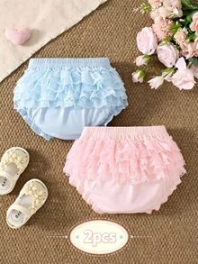 Souflis Souflis 2 Packs Baby Girls Summer Ruffle Bloomers Shorts Pink White Striped Lace Mesh - Multicolor - View 1