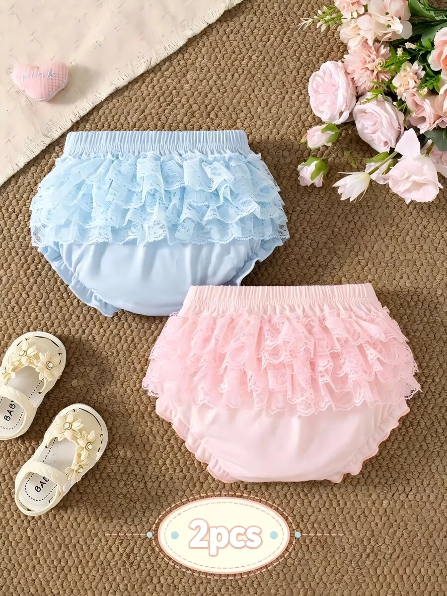 Souflis Souflis 2 Packs Baby Girls Summer Ruffle Bloomers Shorts Pink White Striped Lace Mesh - Multicolor - View 1