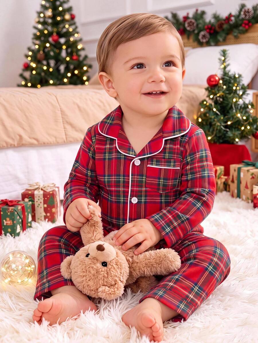 SHEIN Baby Boy Tartan Print Contrast Piping PJ Set Autumn Winter - Red - View 1