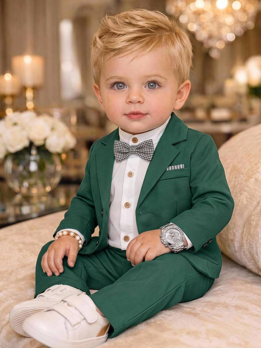 SHEIN Baby Boy Gentleman Suit Set Green Blazer And Green Long Pants Christmas Party Outfit Infant Formal Suit - Multicolor - View 1