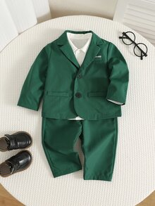 SHEIN 男嬰紳士西裝套裝 綠色西裝外套與綠色長褲 聖誕派對穿搭 嬰兒正式西裝 - 彩色 - 查看 8