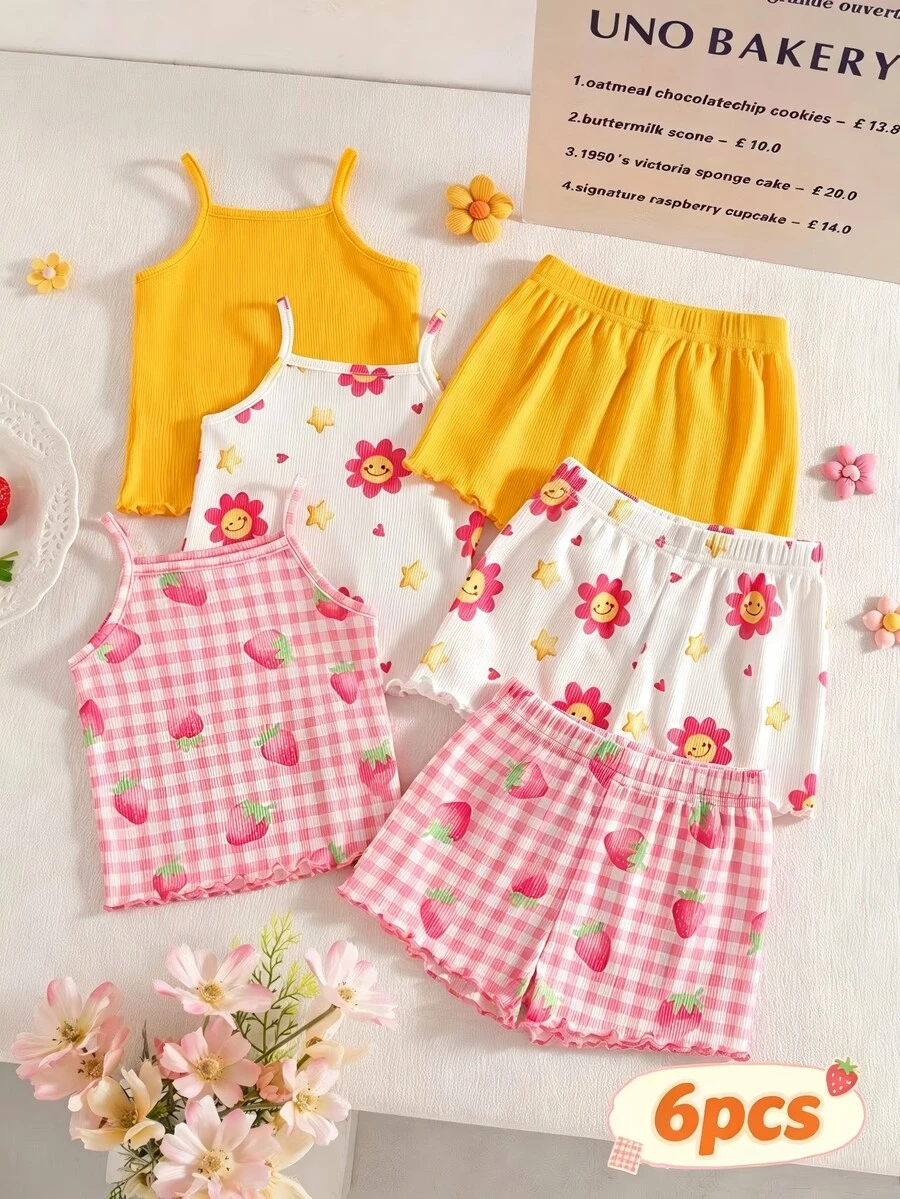 SHEIN Playful Pals 6件套女童夏季甜美可爱上衣短裤套装,多件装,舒适百搭的女童夏季服装 - 彩色 - 查看 1