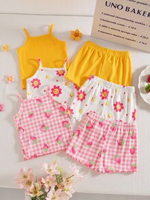 SHEIN Playful Pals 6件套女童夏季甜美可爱上衣短裤套装，多件装，舒适百搭的女童夏季服装 - 彩色 - 查看 2
