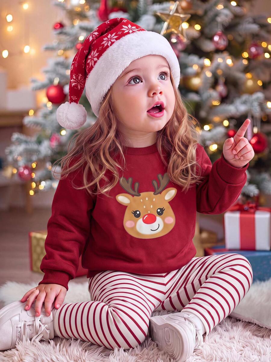 SHEIN Baby Girl Deer Print Crew Neck Long Sleeve Sweatshirt And Striped Long Autumn Winter Pants Casual Set - Burgundy - View 1