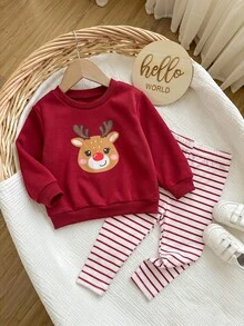 SHEIN Baby Girl Deer Print Crew Neck Long Sleeve Sweatshirt And Striped Long Autumn Winter Pants Casual Set - Burgundy - View 3