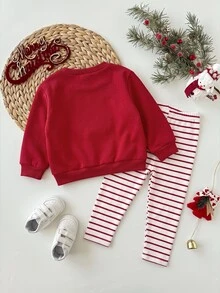 SHEIN Baby Girl Deer Print Crew Neck Long Sleeve Sweatshirt And Striped Long Autumn Winter Pants Casual Set - Burgundy - View 2