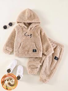 SHEIN Baby Boy Letter Embroidery Kangaroo Pocket Raglan Sleeve Teddy Hoodie & Autumn Winter Pants Set - Multicolor - View 3